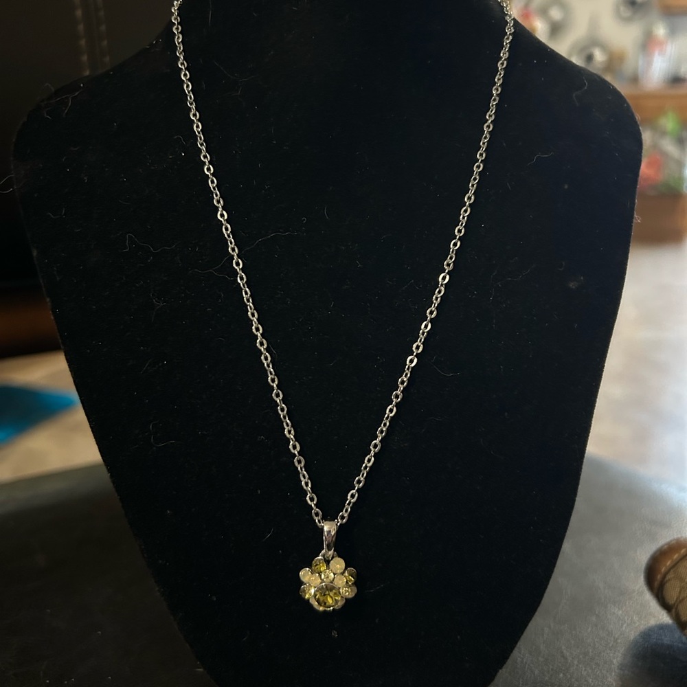 Lia Sophia Silver Necklace with Yellow Green Crystals Silver tone Chain